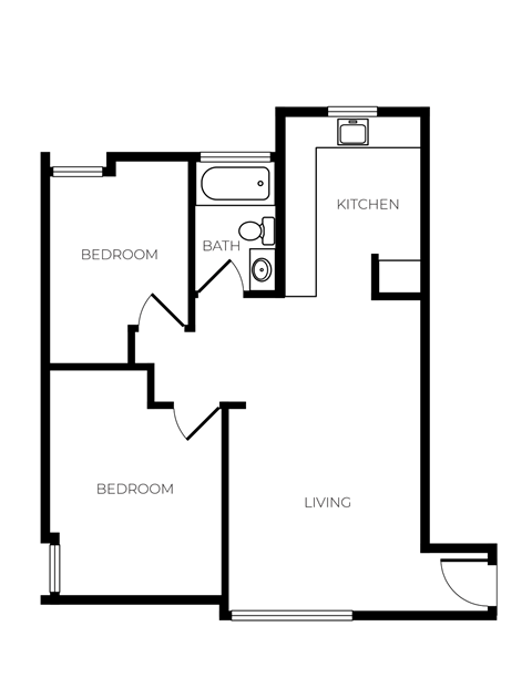 Floor plan for 2 beds, 1 bath, 672 sqft